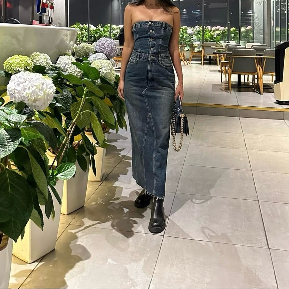 Zara Blue Denim Strapless Maxi Dress
